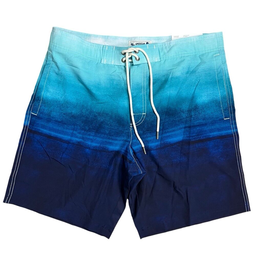 American Eagle Mens M Blue Ombre At The Knee Swim Trunks Board Short Waves Ocean
